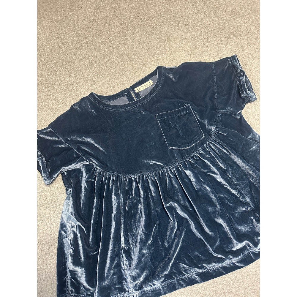 Free People Velvet Short Sleeve Peplum Top in Navy Blue